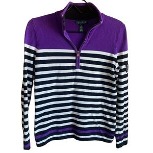Ralph Lauren Sweater Women Small Striped Purple Quarter Zip Embroidered Pullover